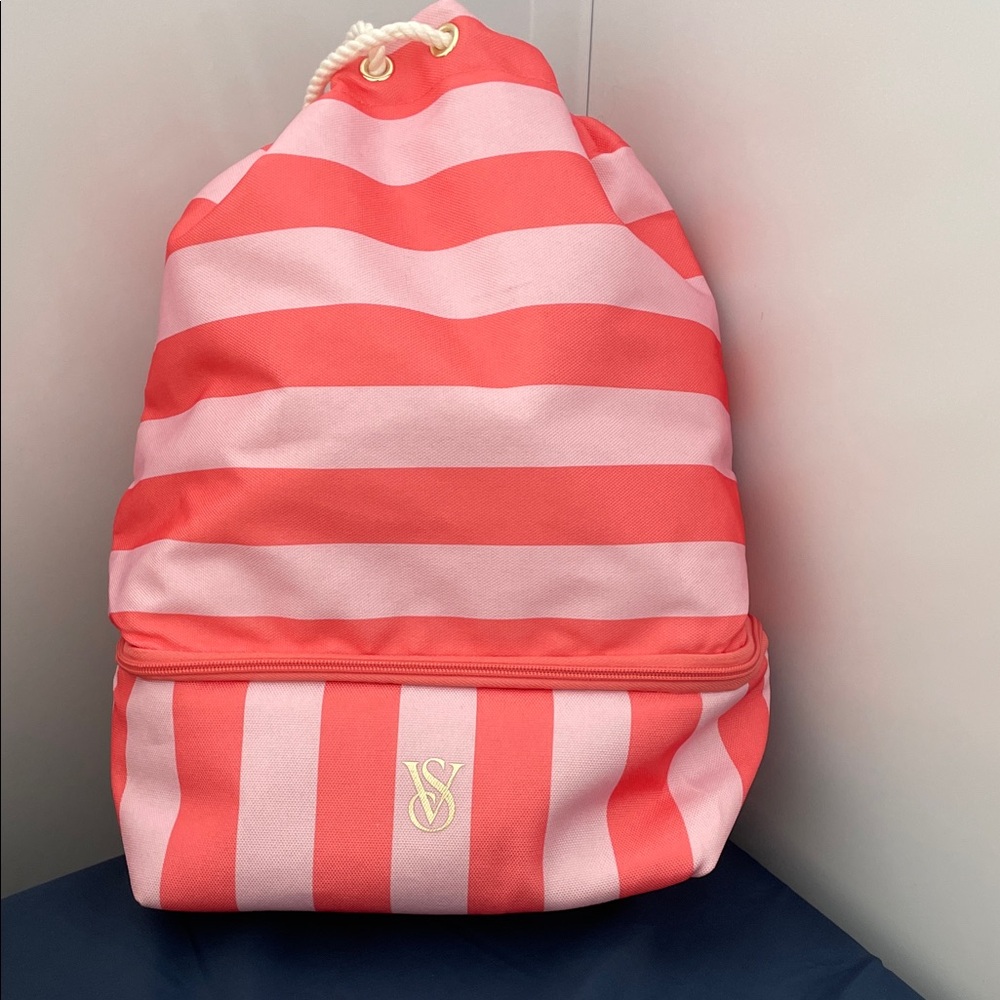 Victoria's Secret Pink and Coral Striped Backpack. New,never used. Adorable!